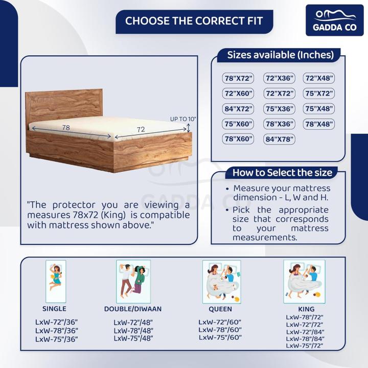 GADDA CO 100% Waterproof Premium Cotton Feel Mattress Protector King Size 78x72 Inch|Ultra Soft Breathable & Fitted Bed Protector Terry Cover Double Bed (6.5x6 feet, Fits 10 Inches, Grey)